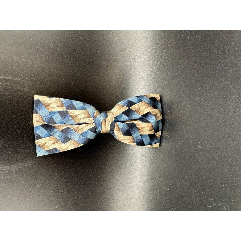 Royal Rust Vintage Clip On Bow Tie Blue Tan Geometric Basketweave‎ 054 (71)